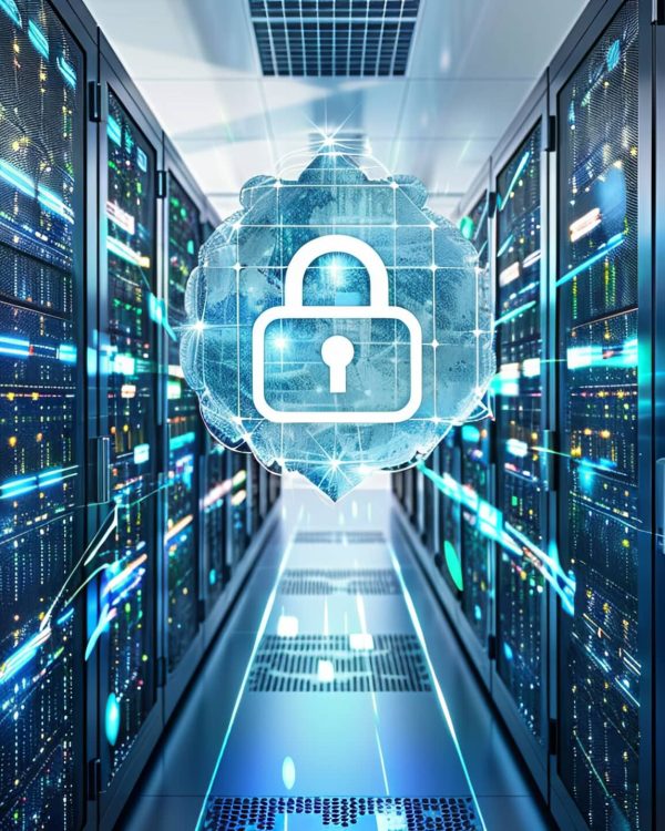 Server racks or a data cloud center featuring a digital lock overlay, signifying server security and the safeguarding of digital data or information online.