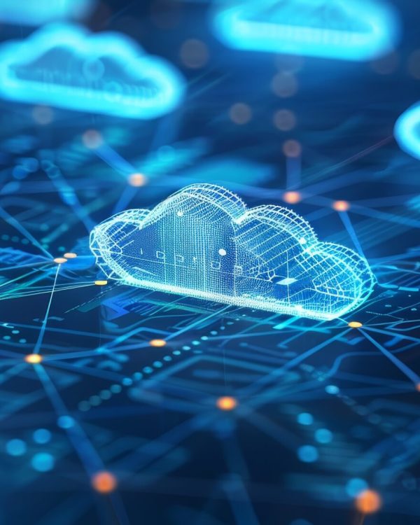 Depiction of a cloud computing system scalability, illustrating a network dynamically growing to handle increased data in real time