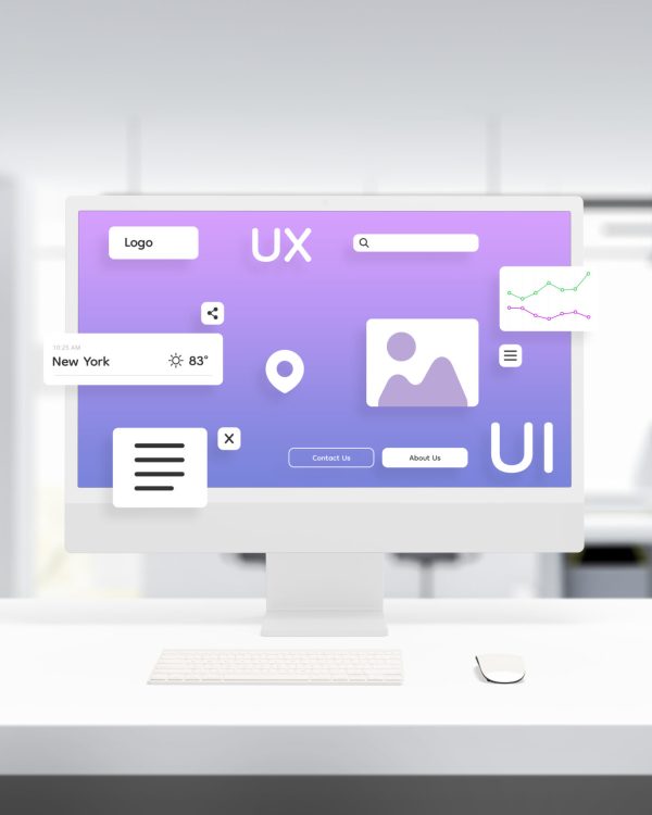 User interface and experience modules of a web page or app hover on an office computer display. Modern work environment