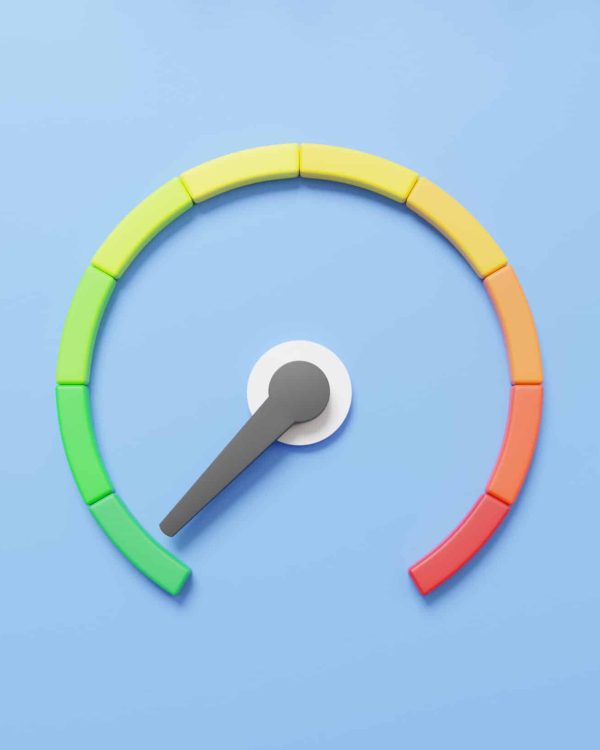 3D display speedometer icon cartoon minimal arrow point scale speed low status green. Performance, pointer rating risk levels, meter, tachometer on blue pastel background. 3d render illustration